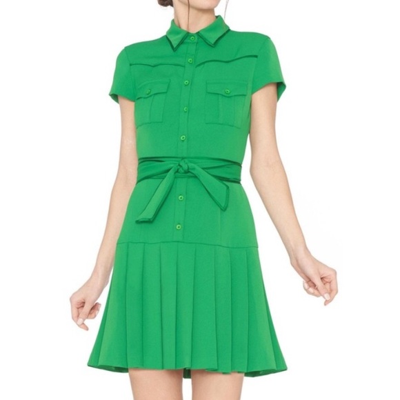 ALICE + OLIVIA The Yoko Pleated Drop Waist Mini Dress Satin Detail Belted SZ: 10 - Picture 1 of 16